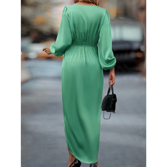 long sleeve  Lantern Sleeve Twist Front Wrap Hem Satin midi Dress green - Picture 10 of 11